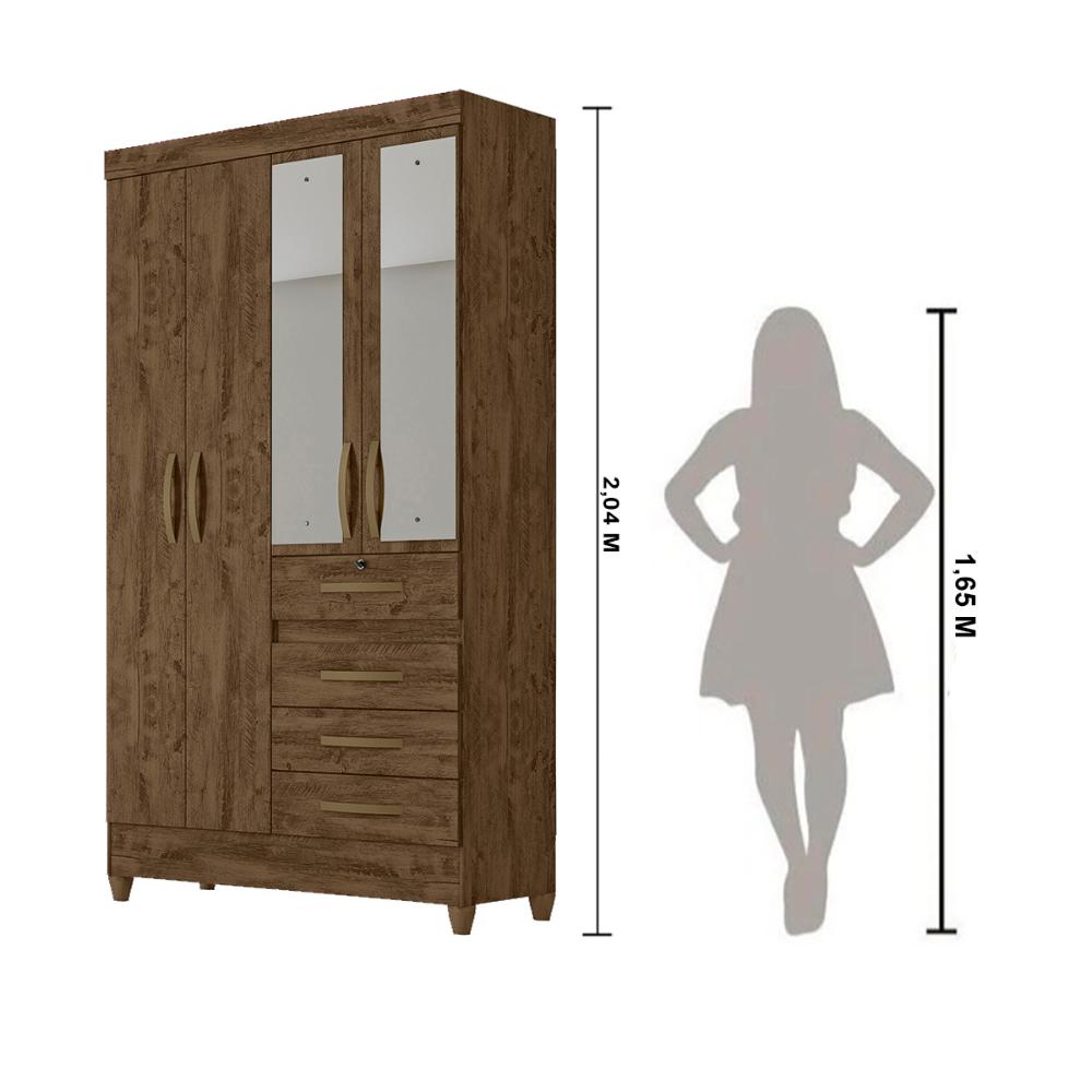 Guarda Roupa Solteiro 4 portas com espelho 4 gavetas Sobral - Castanho Wood