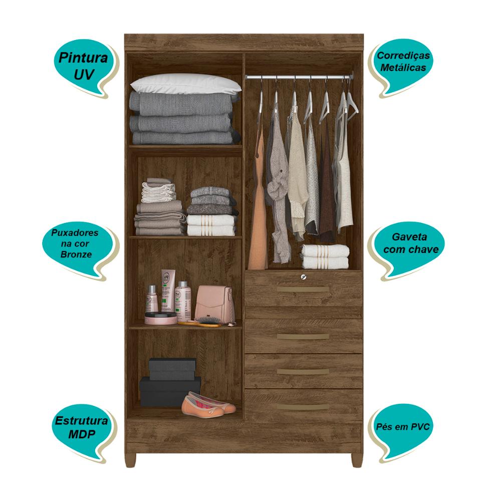 Guarda Roupa Solteiro 4 portas com espelho 4 gavetas Sobral - Castanho Wood