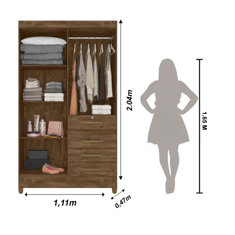 Guarda Roupa Solteiro 4 portas com espelho 4 gavetas Sobral - Castanho Wood