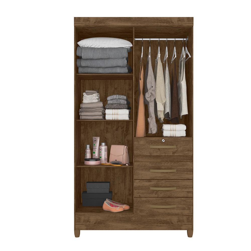 Guarda Roupa Solteiro 4 portas com espelho 4 gavetas Sobral - Castanho Wood