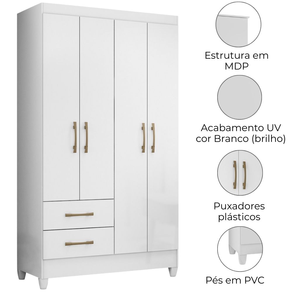 Guarda Roupa Solteiro Chile 4P 103 cm Branco Moval