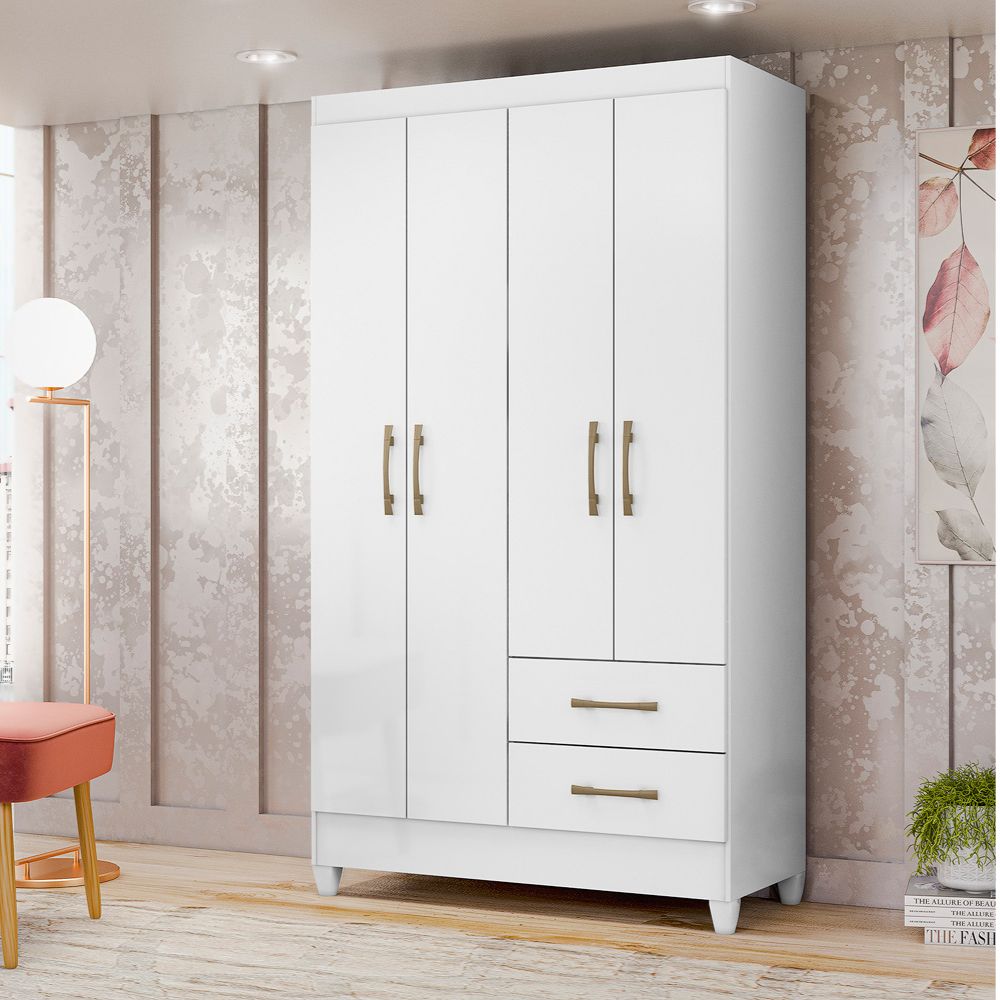 Guarda Roupa Solteiro Chile 4P 103 cm Branco Moval