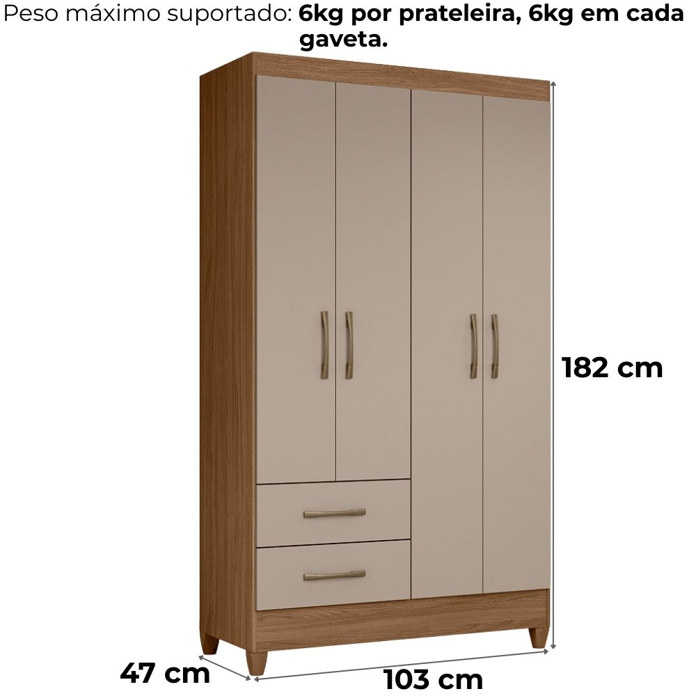 Guarda Roupa Solteiro Chile 4P 103 cm Carvalho Fendi Moval