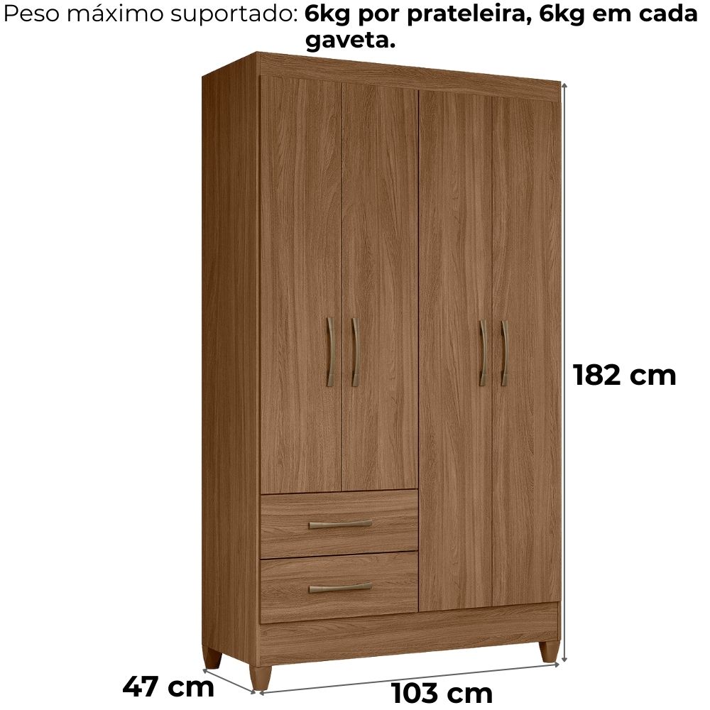 Guarda Roupa Solteiro Chile 4P 103 cm Carvalho Moval