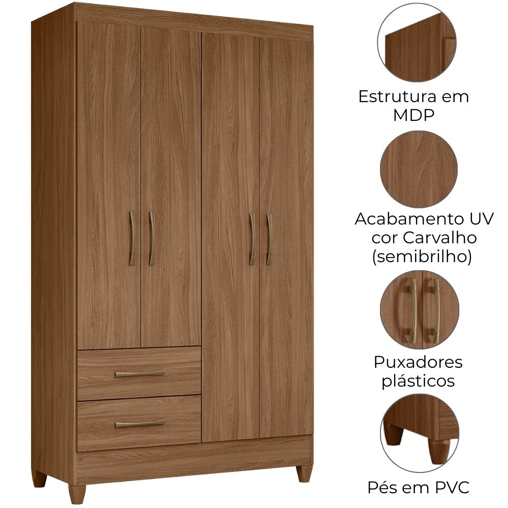 Guarda Roupa Solteiro Chile 4P 103 cm Carvalho Moval