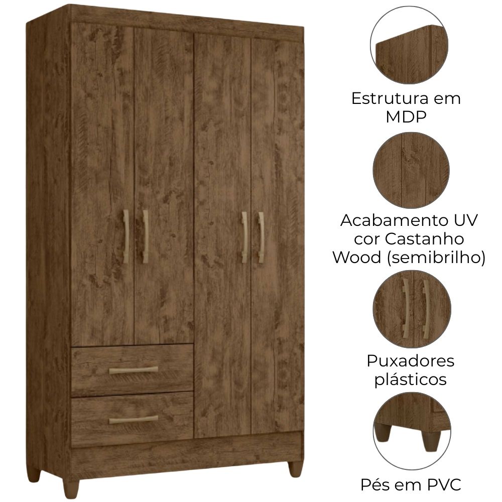 Guarda Roupa Solteiro Chile 4P 103 cm Castanho Wood Moval