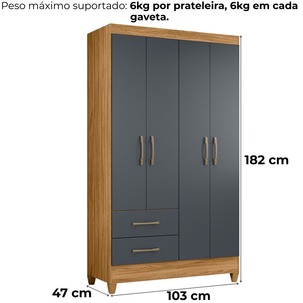 Guarda Roupa Solteiro Chile 4P 103 cm Freijo Cinza Moval