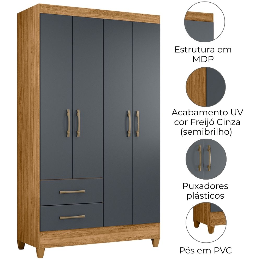 Guarda Roupa Solteiro Chile 4P 103 cm Freijo Cinza Moval