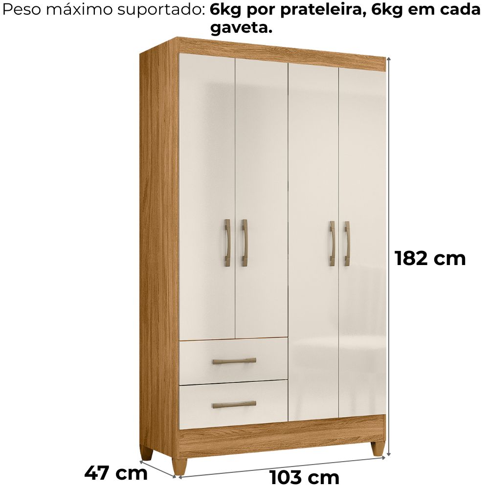 Guarda Roupa Solteiro Chile 4P 103 cm Freijo Off White Moval