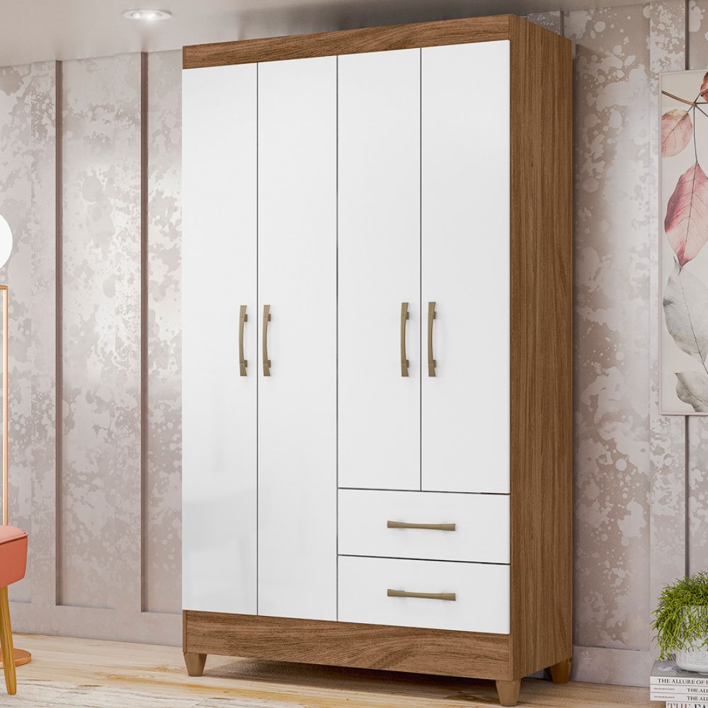 Guarda Roupa Solteiro Chile 4P 103 cm Naturale Branco Moval