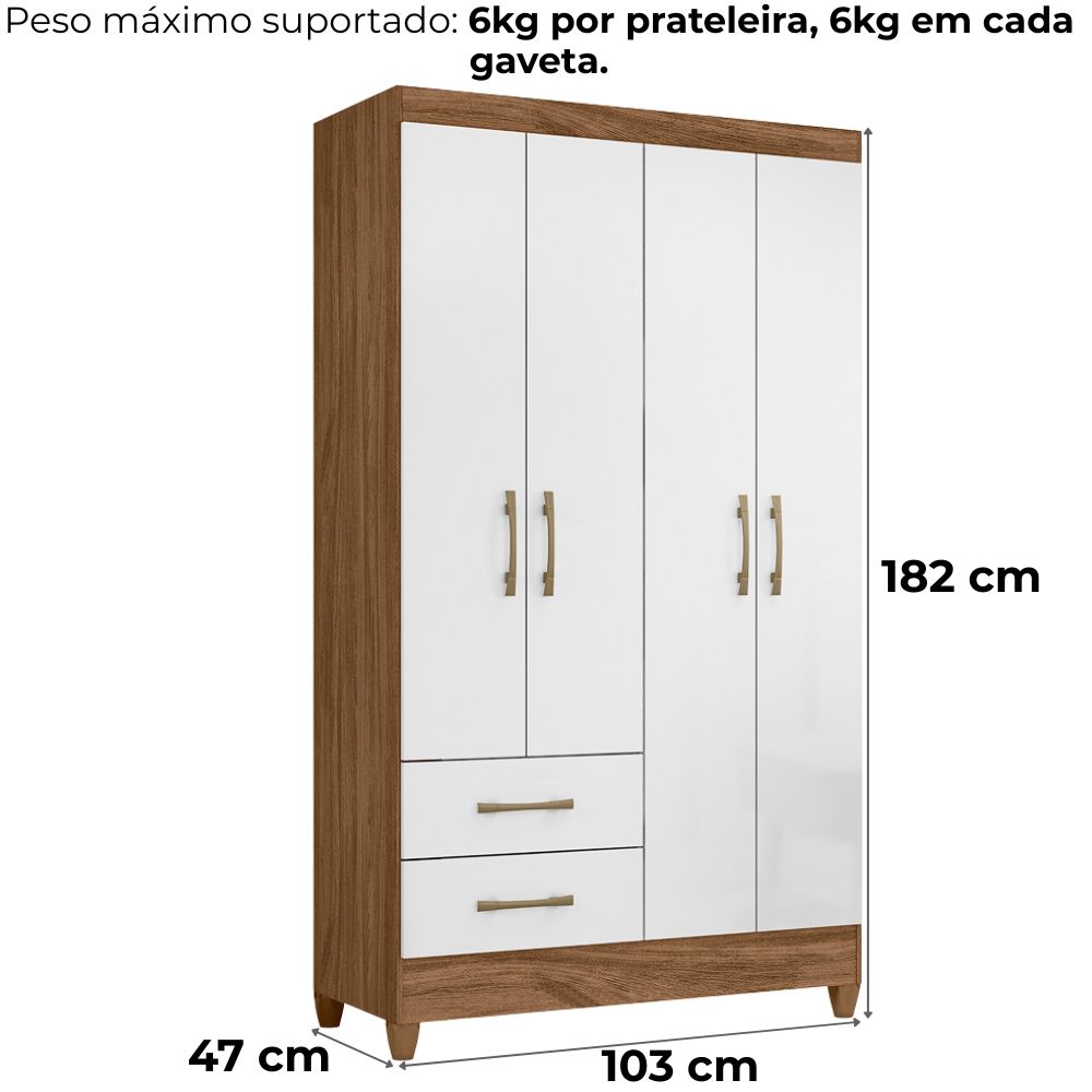 Guarda Roupa Solteiro Chile 4P 103 cm Naturale Branco Moval