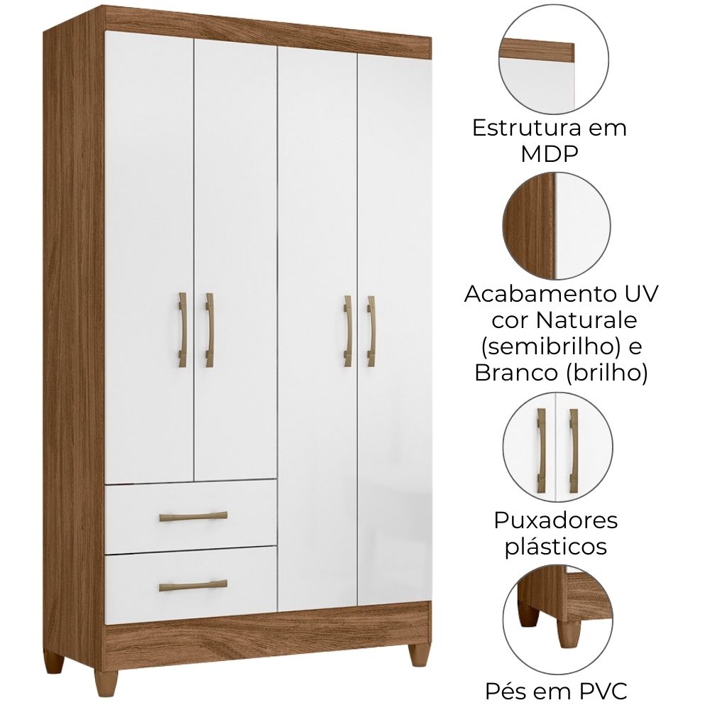 Guarda Roupa Solteiro Chile 4P 103 cm Naturale Branco Moval