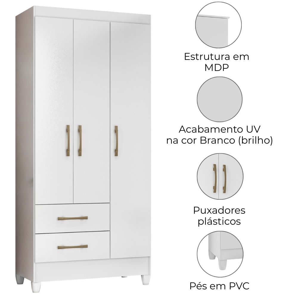 Guarda Roupa Solteiro Lima 3 Portas 182x82 cm Branco Flex Moval