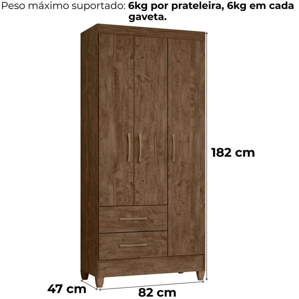 Guarda Roupa Solteiro Lima 3 Portas 182x82 cm Castanho Wood Moval