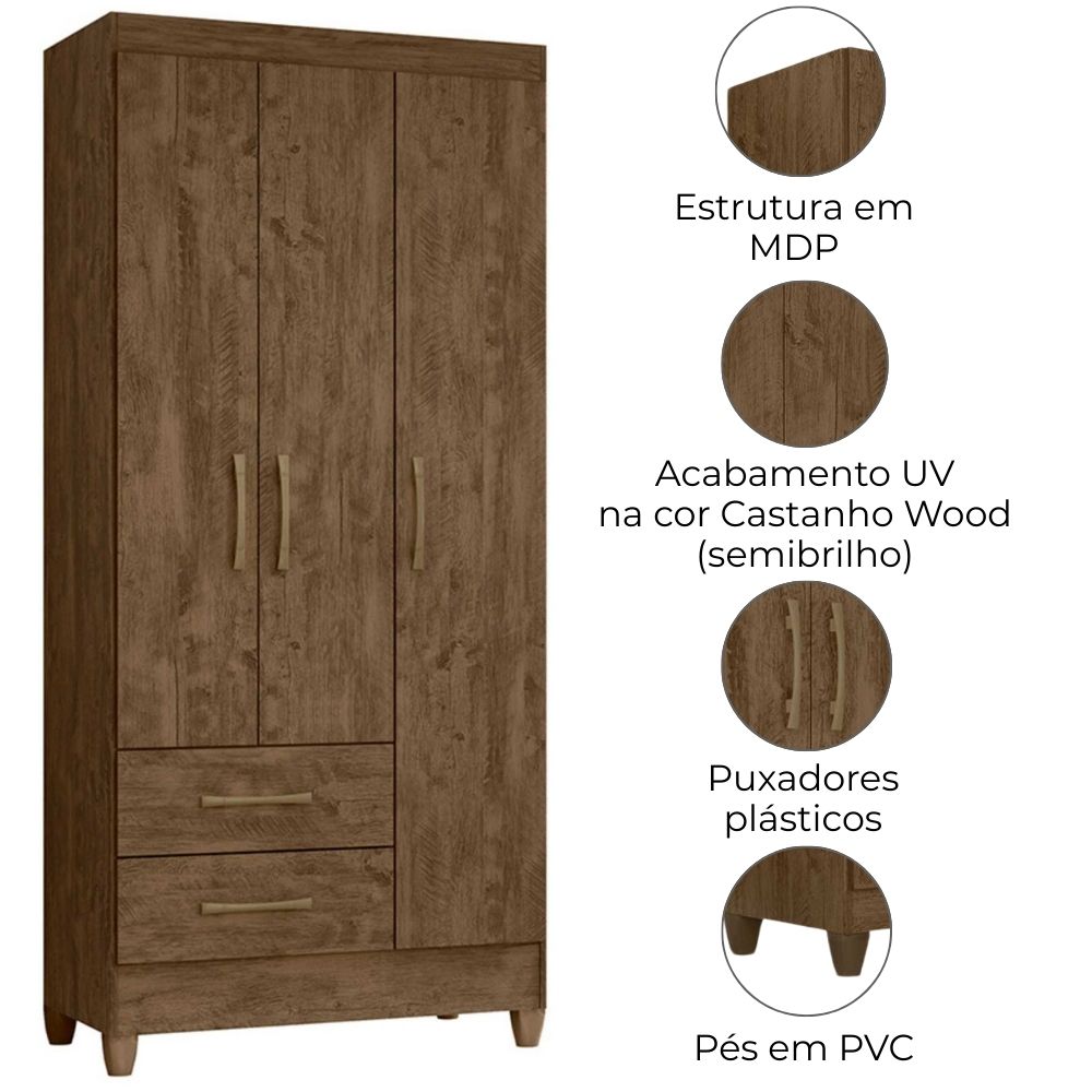Guarda Roupa Solteiro Lima 3 Portas 182x82 cm Castanho Wood Moval