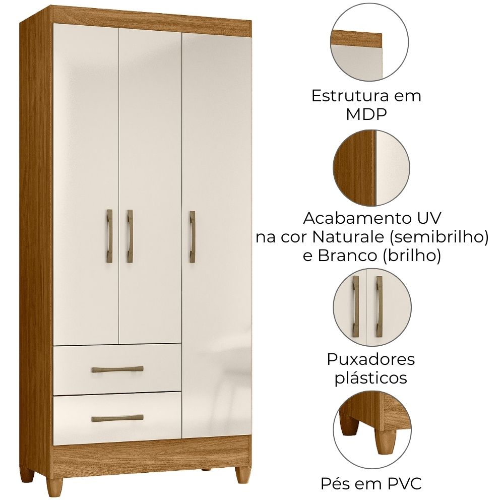 Guarda Roupa Solteiro Lima 3 Portas 182x82 cm Freijo Off White Moval