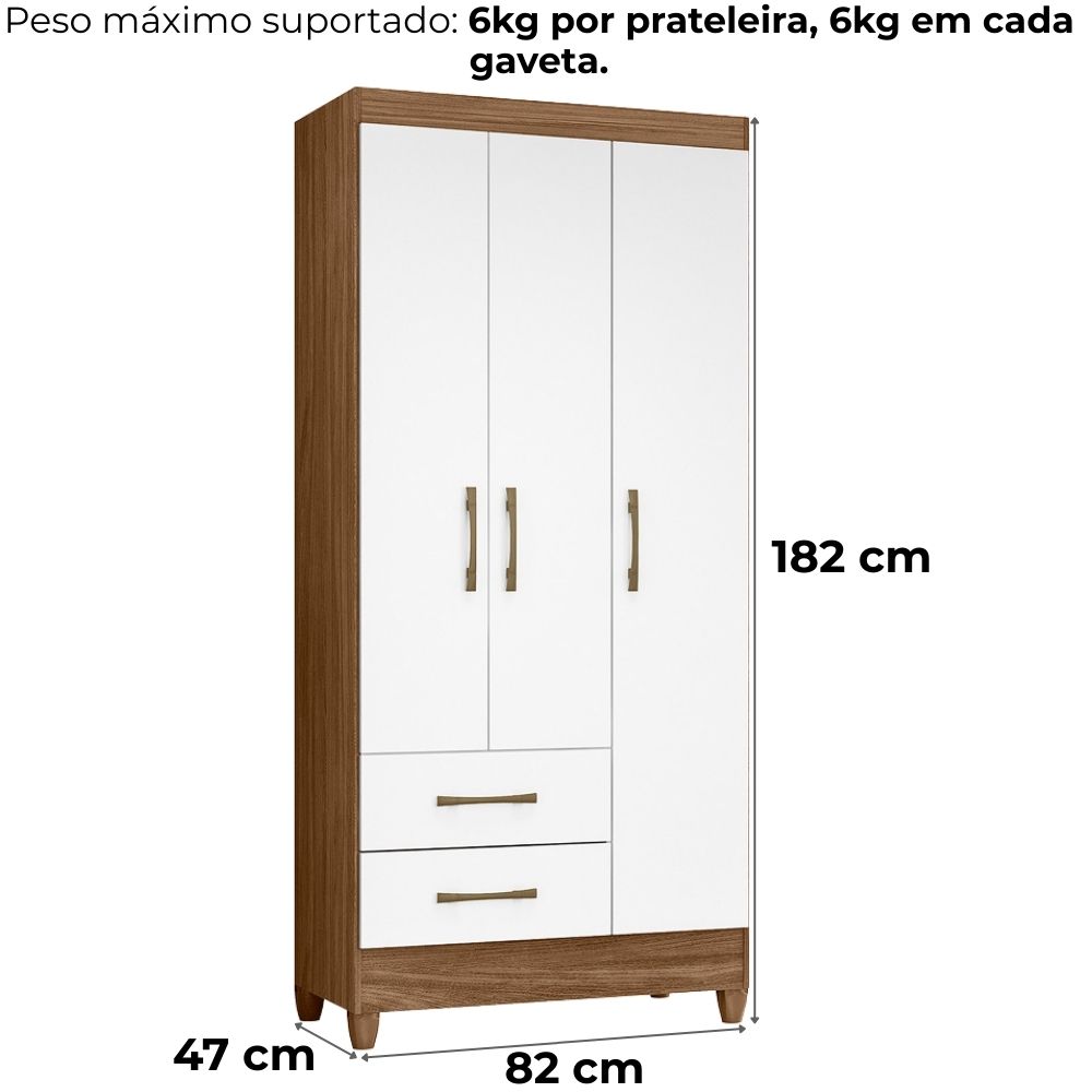 Guarda Roupa Solteiro Lima 3 Portas 182x82 cm Naturale Branco Moval