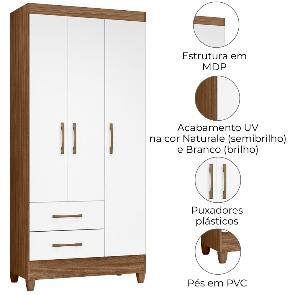Guarda Roupa Solteiro Lima 3 Portas 182x82 cm Naturale Branco Moval