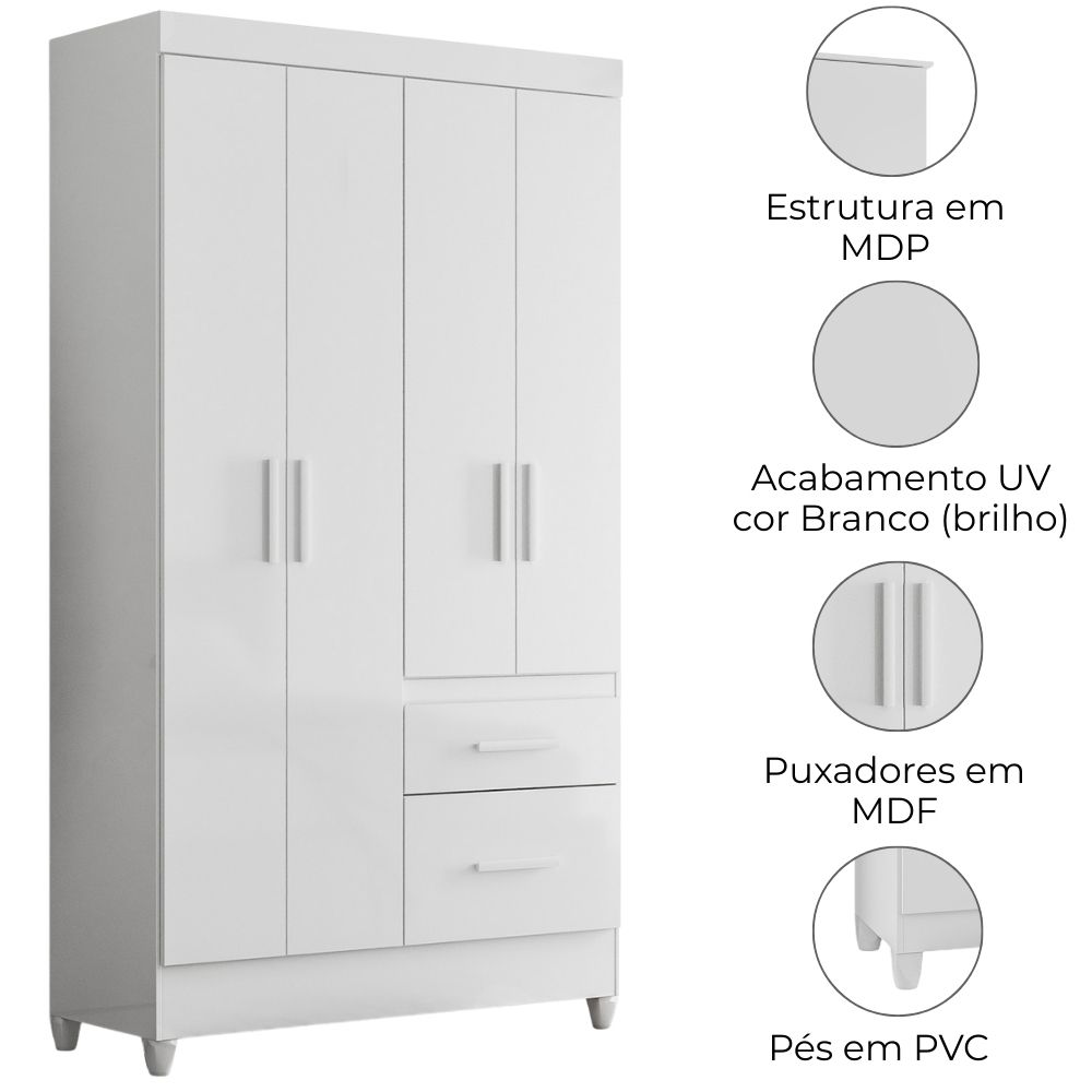 Guarda Roupa Solteiro Madri 4P 110 cm Branco Flex Moval