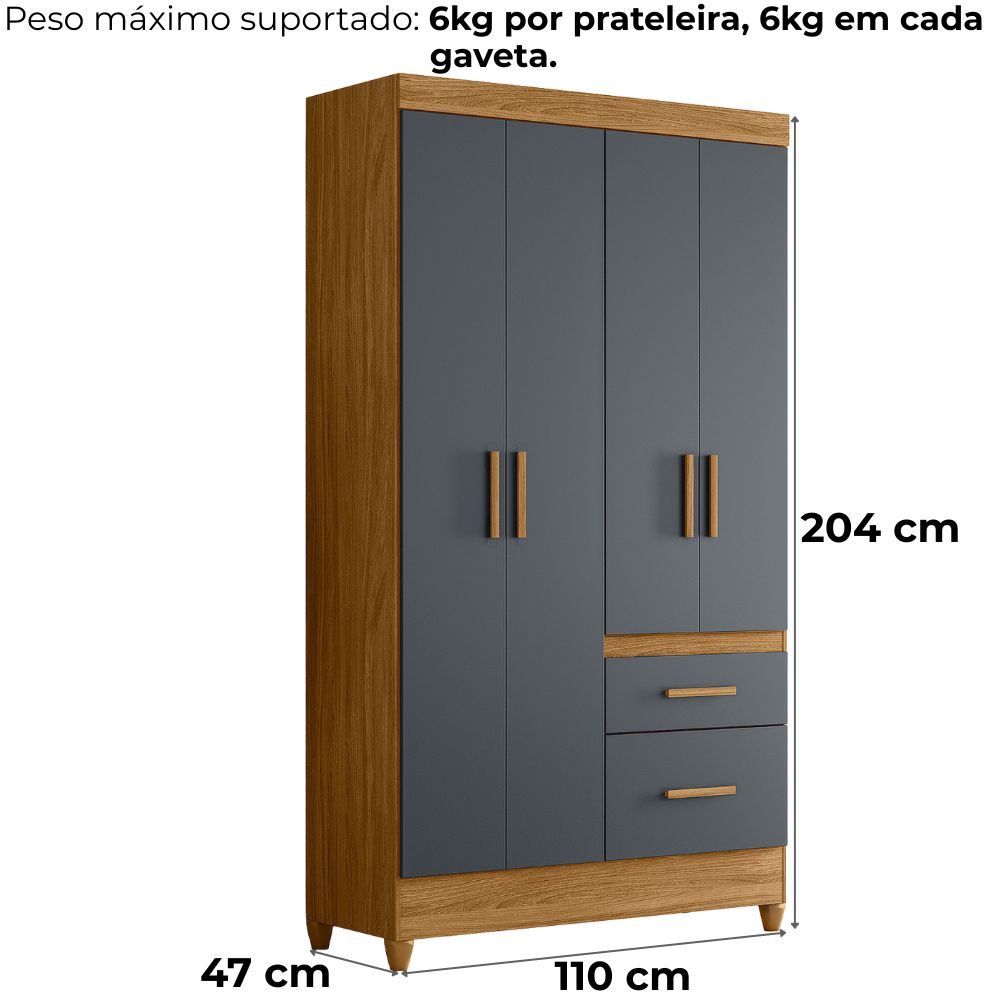 Guarda Roupa Solteiro Madri 4P 110 cm Freijo Cinza Moval