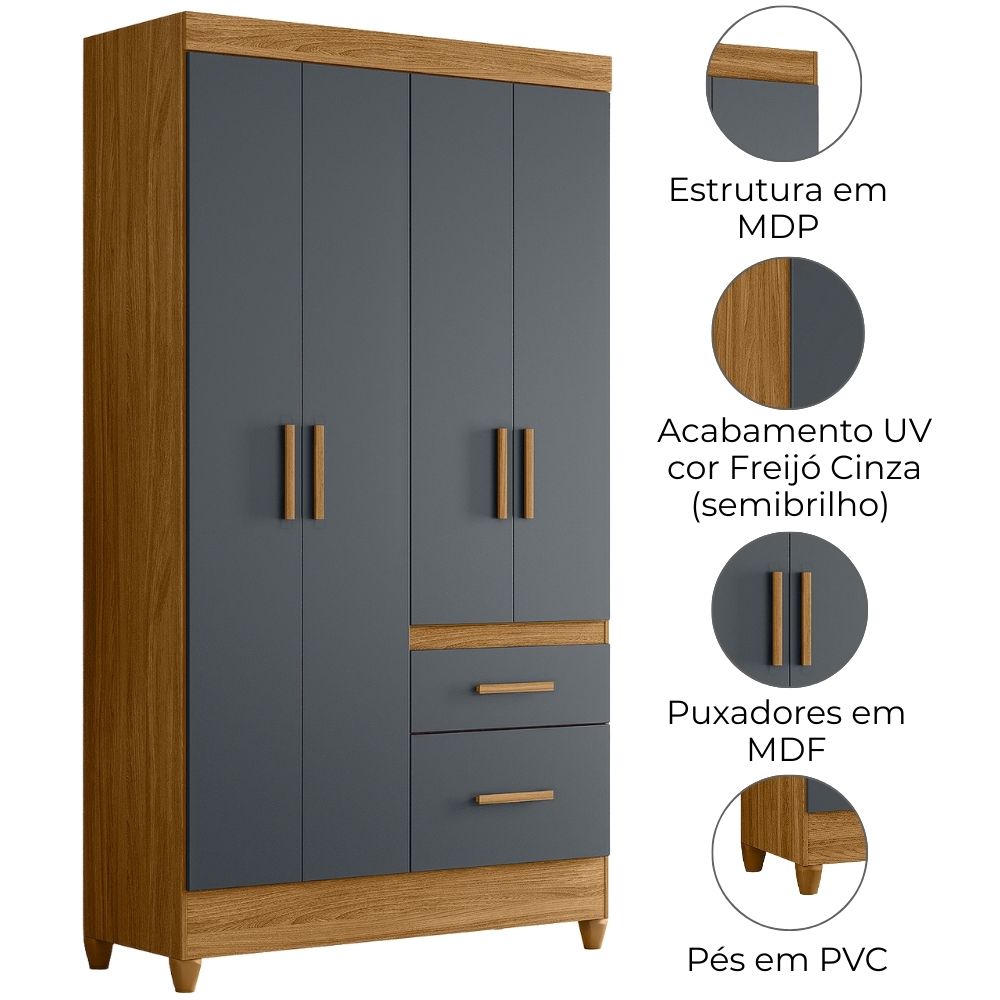 Guarda Roupa Solteiro Madri 4P 110 cm Freijo Cinza Moval