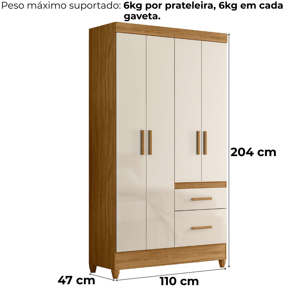 Guarda Roupa Solteiro Madri 4P 110 cm Freijo Off White Moval
