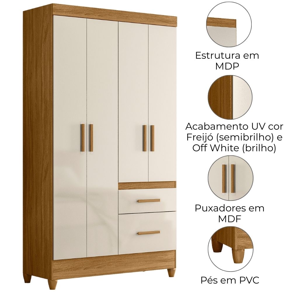 Guarda Roupa Solteiro Madri 4P 110 cm Freijo Off White Moval