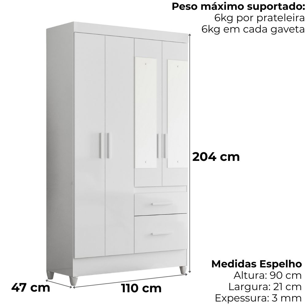 Guarda Roupa Solteiro Madri 4P Espelho 110 cm Branco Flex Moval