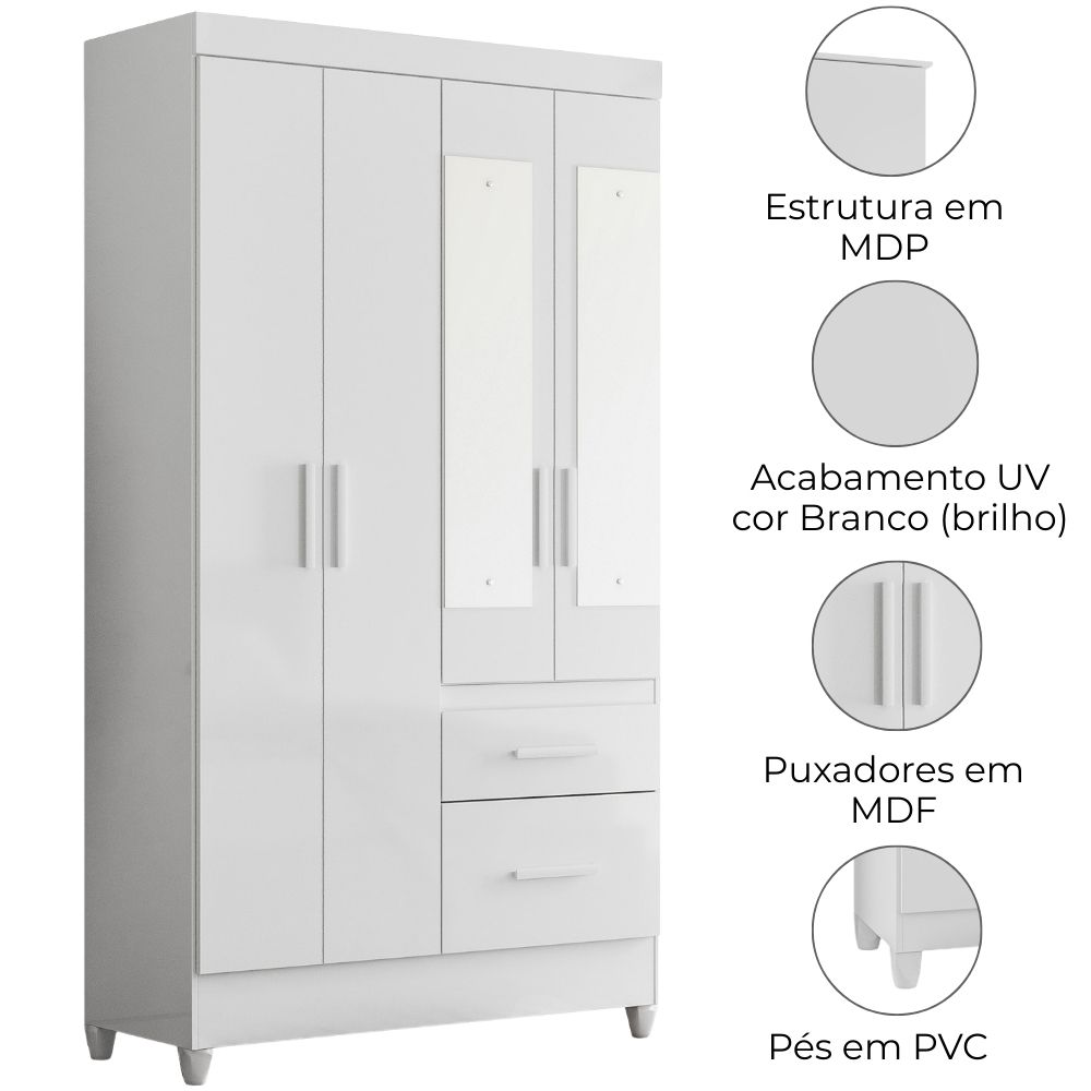 Guarda Roupa Solteiro Madri 4P Espelho 110 cm Branco Flex Moval