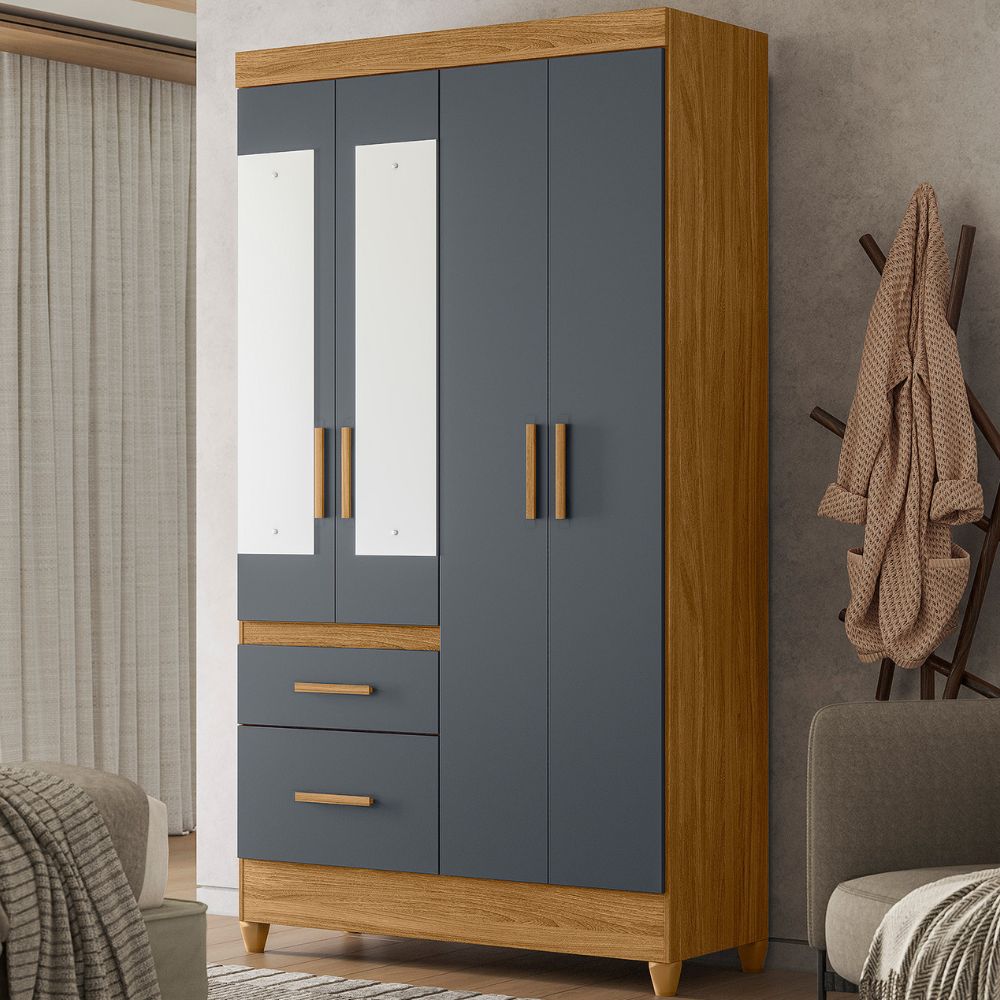 Guarda Roupa Solteiro Madri 4P Espelho 110 cm Freijo Cinza Moval