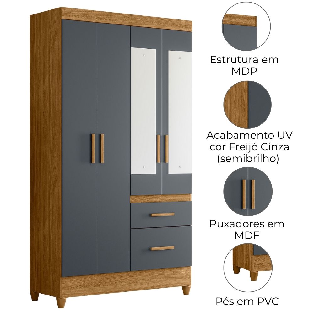 Guarda Roupa Solteiro Madri 4P Espelho 110 cm Freijo Cinza Moval