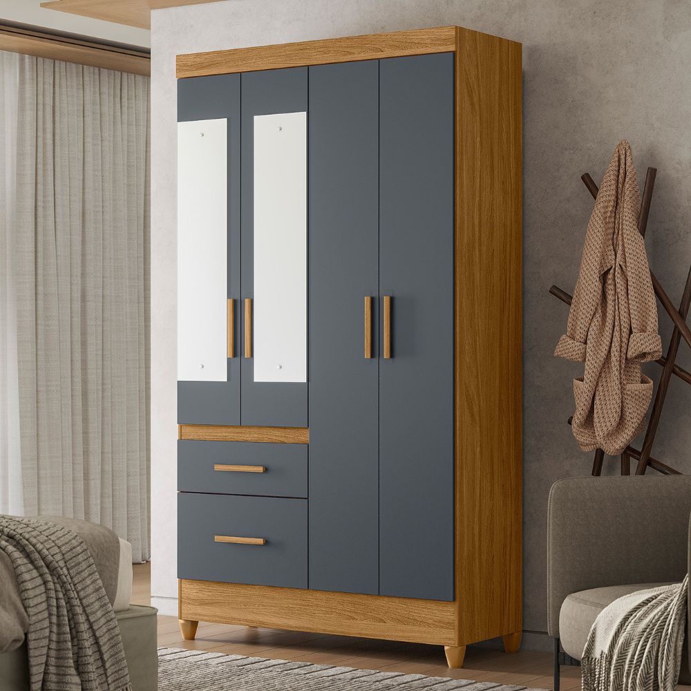 Guarda Roupa Solteiro Madri 4P Espelho 110 cm Freijo Cinza Moval