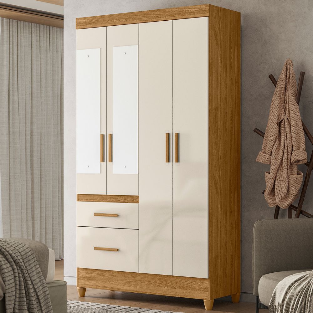 Guarda Roupa Solteiro Madri 4P Espelho 110 cm Freijo Off White Moval