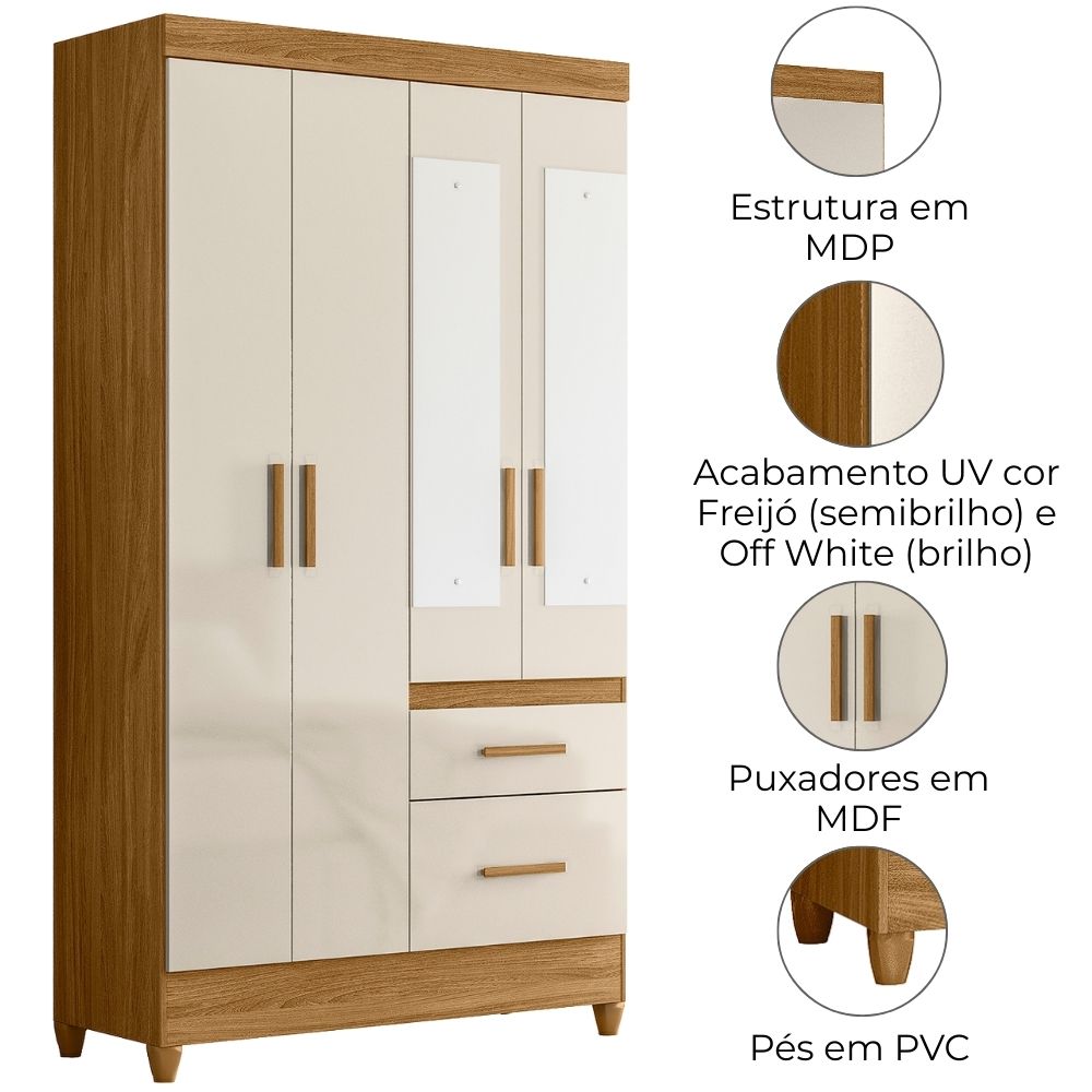 Guarda Roupa Solteiro Madri 4P Espelho 110 cm Freijo Off White Moval