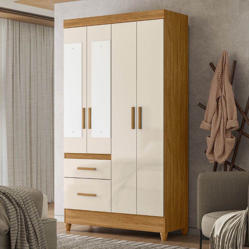 Guarda Roupa Solteiro Madri 4P Espelho 110 cm Freijo Off White Moval