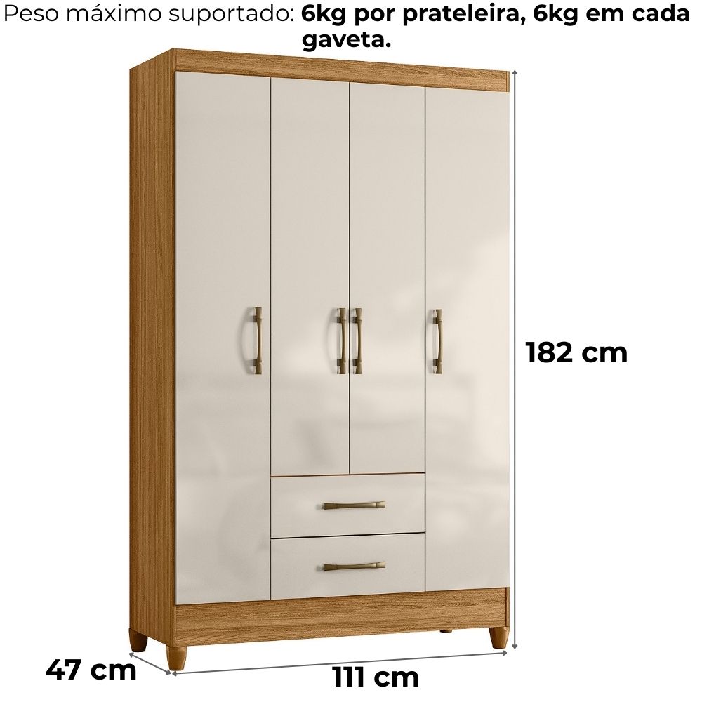 Guarda Roupa Solteiro Paraty 4 Portas 111 cm Freijo Off White Moval