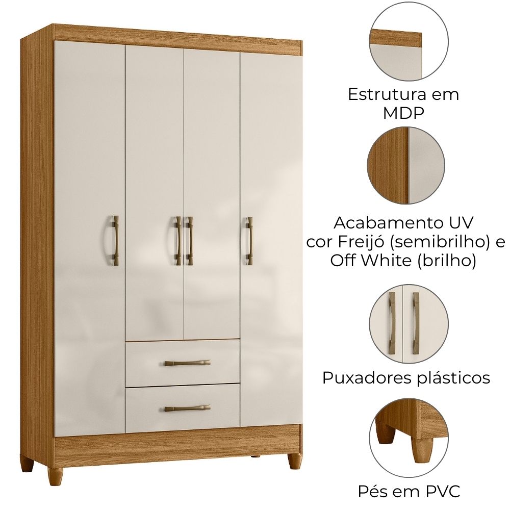 Guarda Roupa Solteiro Paraty 4 Portas 111 cm Freijo Off White Moval