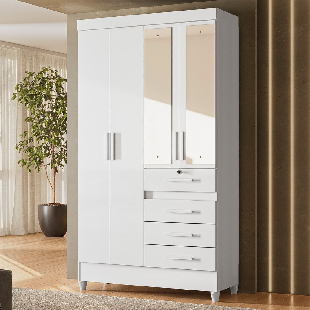 Guarda Roupa Solteiro Sobral 4P Espelho 110 cm Branco Flex Moval