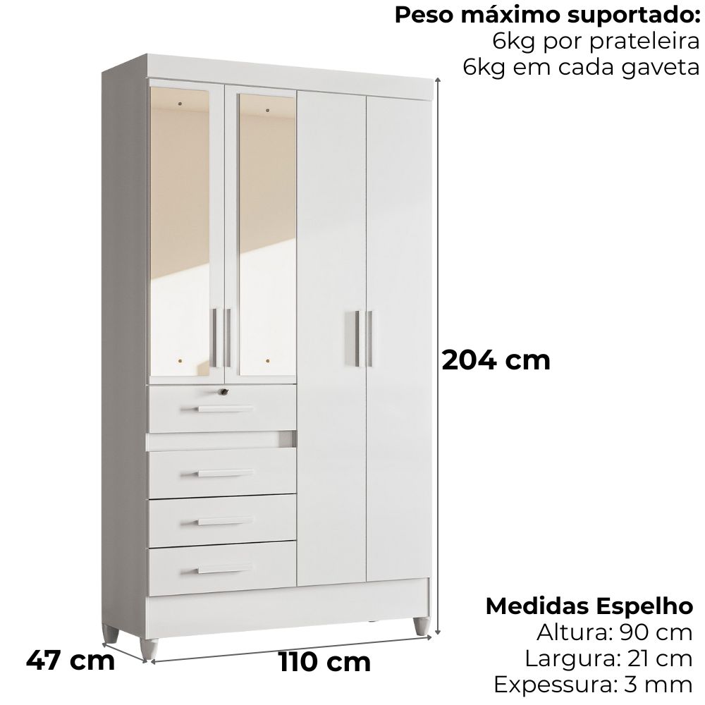 Guarda Roupa Solteiro Sobral 4P Espelho 110 cm Branco Flex Moval