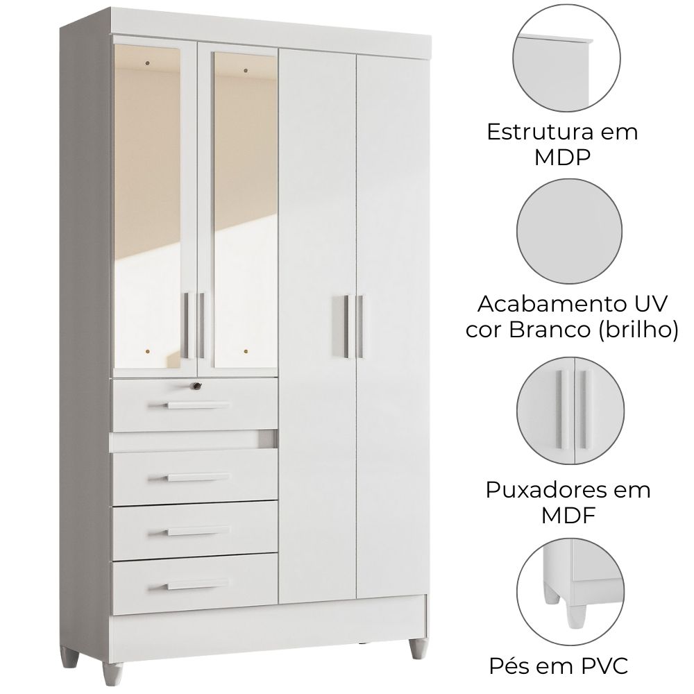 Guarda Roupa Solteiro Sobral 4P Espelho 110 cm Branco Flex Moval