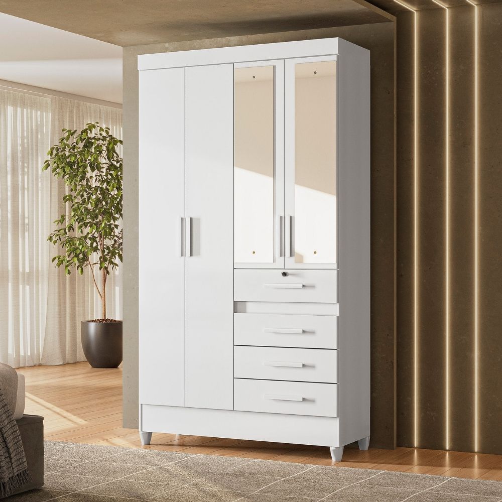 Guarda Roupa Solteiro Sobral 4P Espelho 110 cm Branco Flex Moval