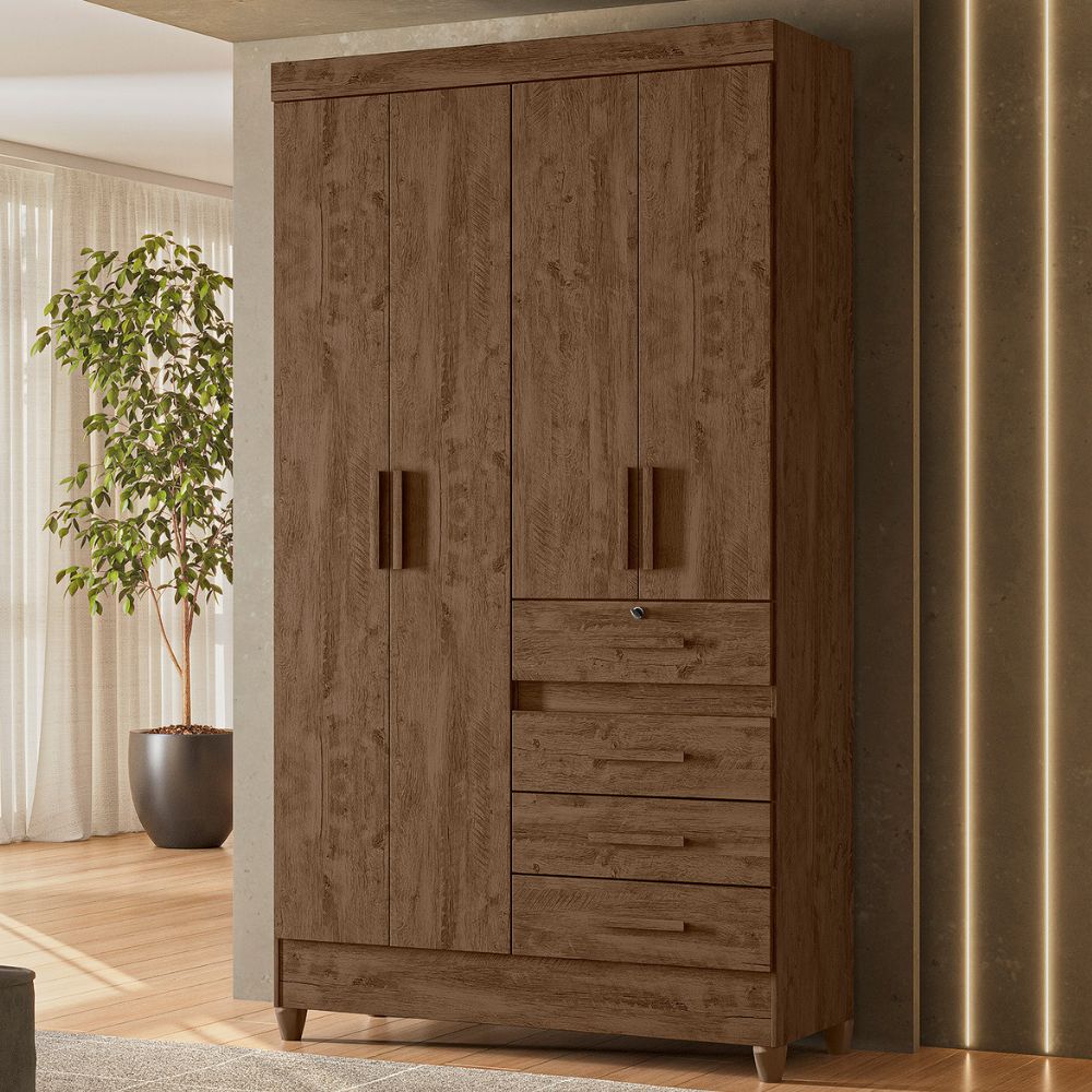 Guarda Roupa Solteiro Sobral 4P Espelho 110 cm Castanho Wood Moval