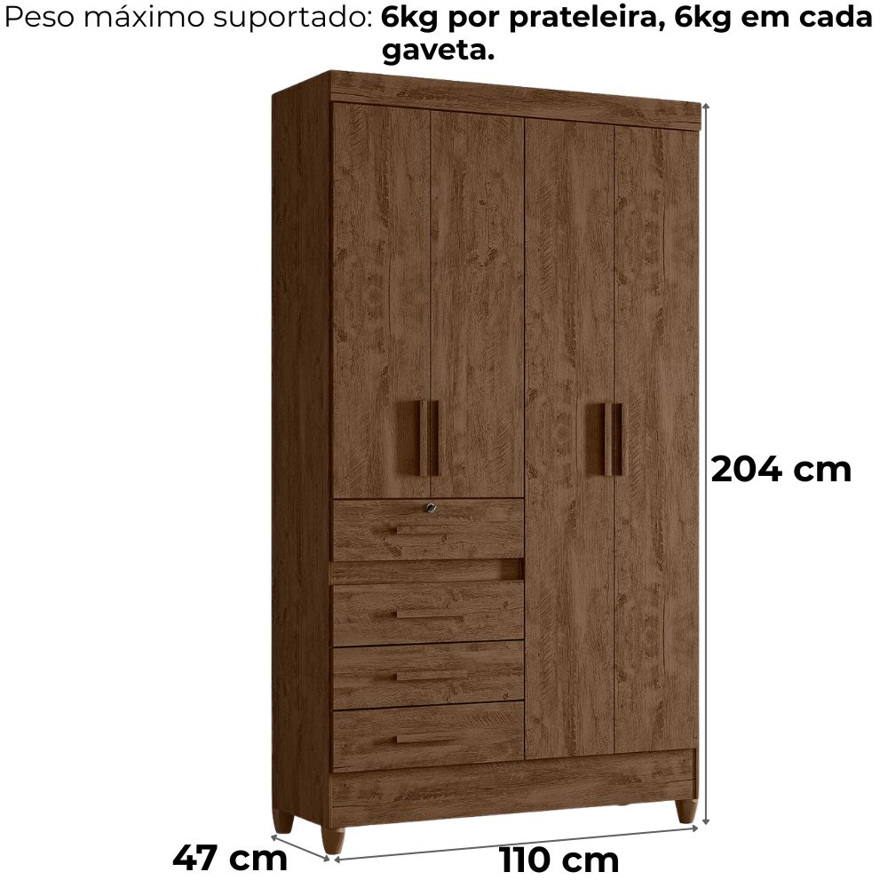 Guarda Roupa Solteiro Sobral 4P Espelho 110 cm Castanho Wood Moval