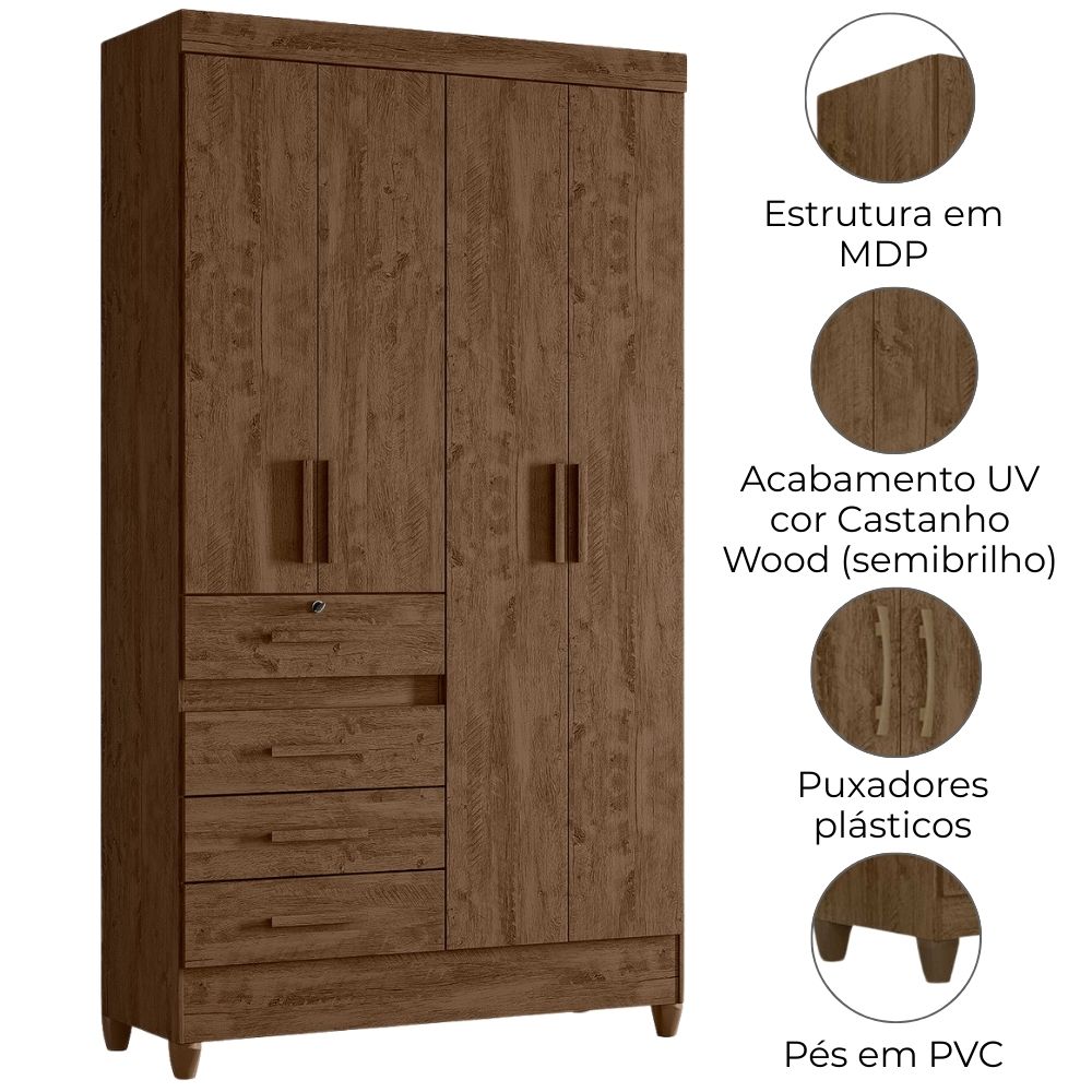 Guarda Roupa Solteiro Sobral 4P Espelho 110 cm Castanho Wood Moval
