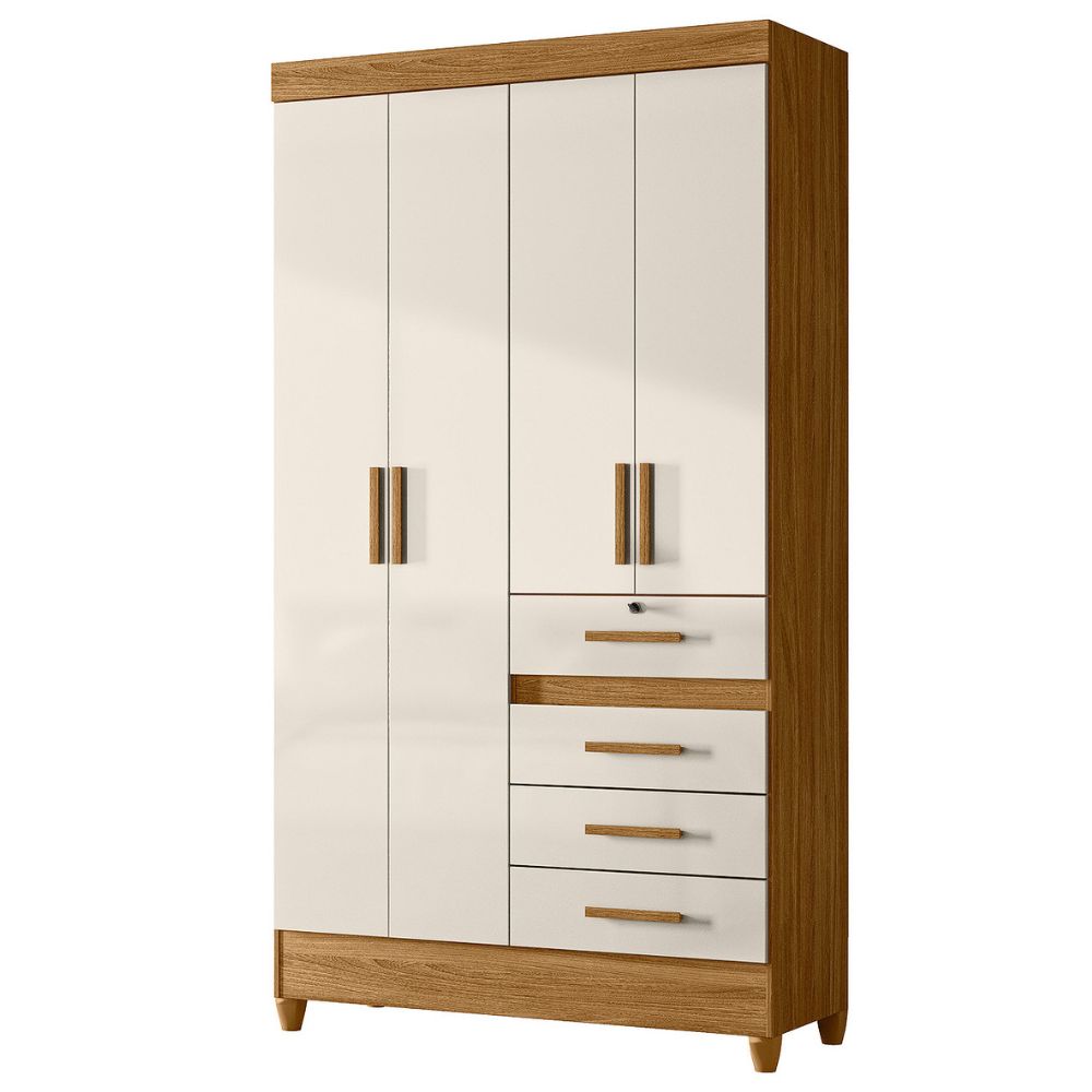 Guarda Roupa Solteiro Sobral 4P Espelho 110 cm Freijo Off White Moval