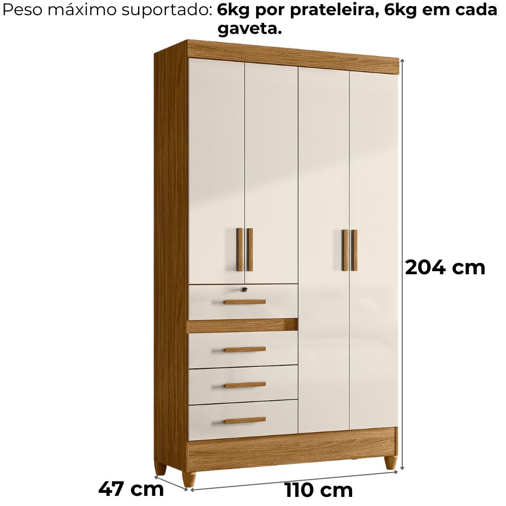 Guarda Roupa Solteiro Sobral 4P Espelho 110 cm Freijo Off White Moval