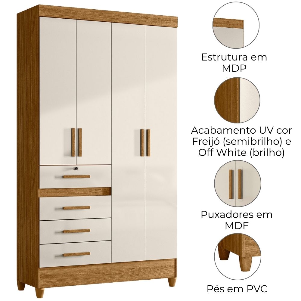 Guarda Roupa Solteiro Sobral 4P Espelho 110 cm Freijo Off White Moval