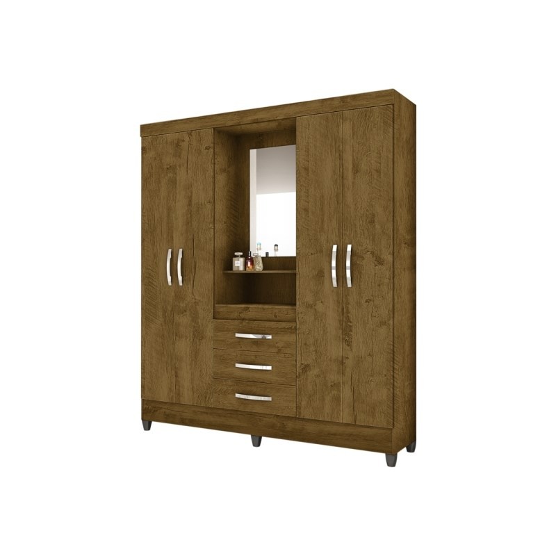 Guarda Roupa de Casal Capri 04 Portas e 03 Gavetas Castanho Wood - Moval