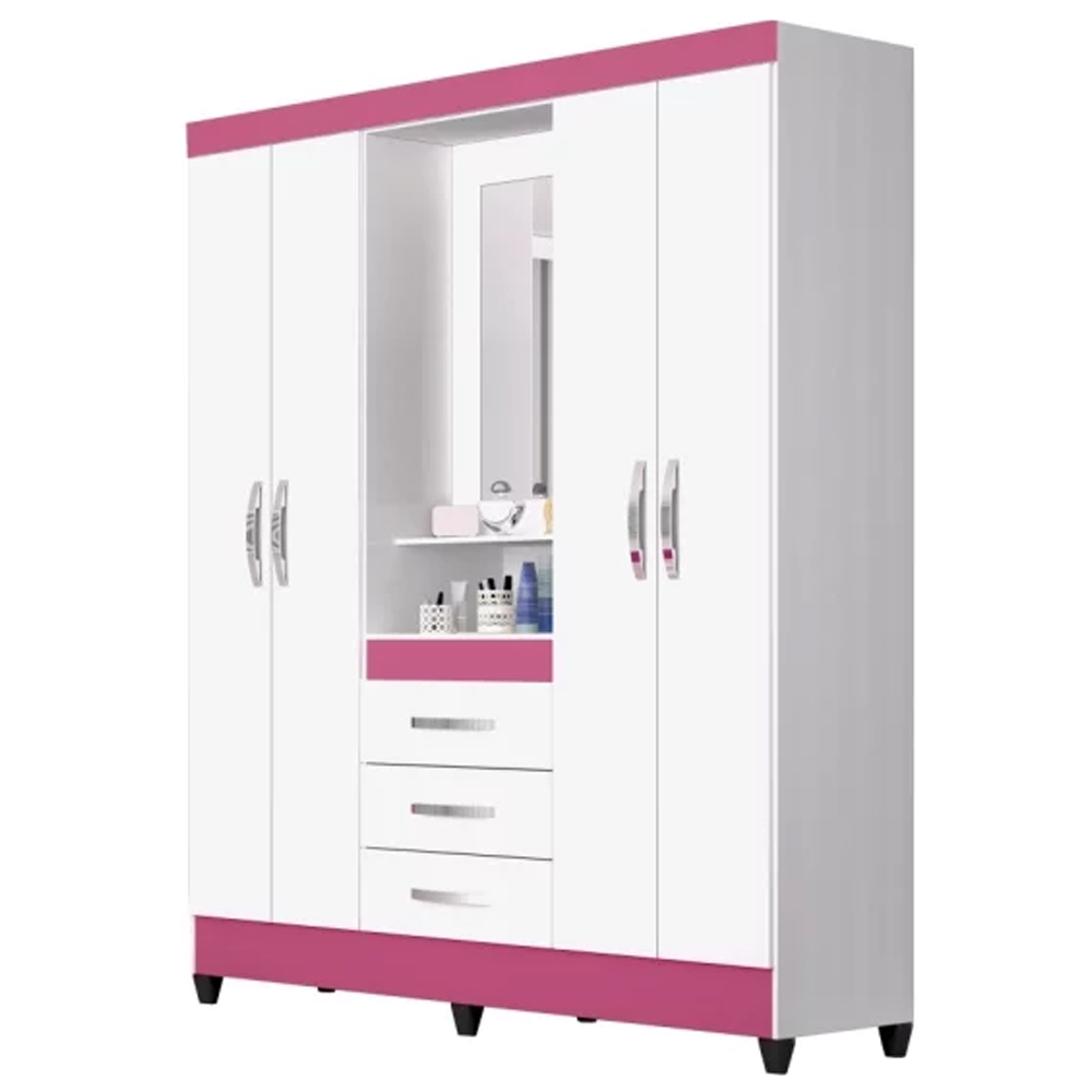 Guarda Roupa de Casal Capri 04 Portas e 03 Gavetas Flex Branco ou Branco com Rosa - Moval