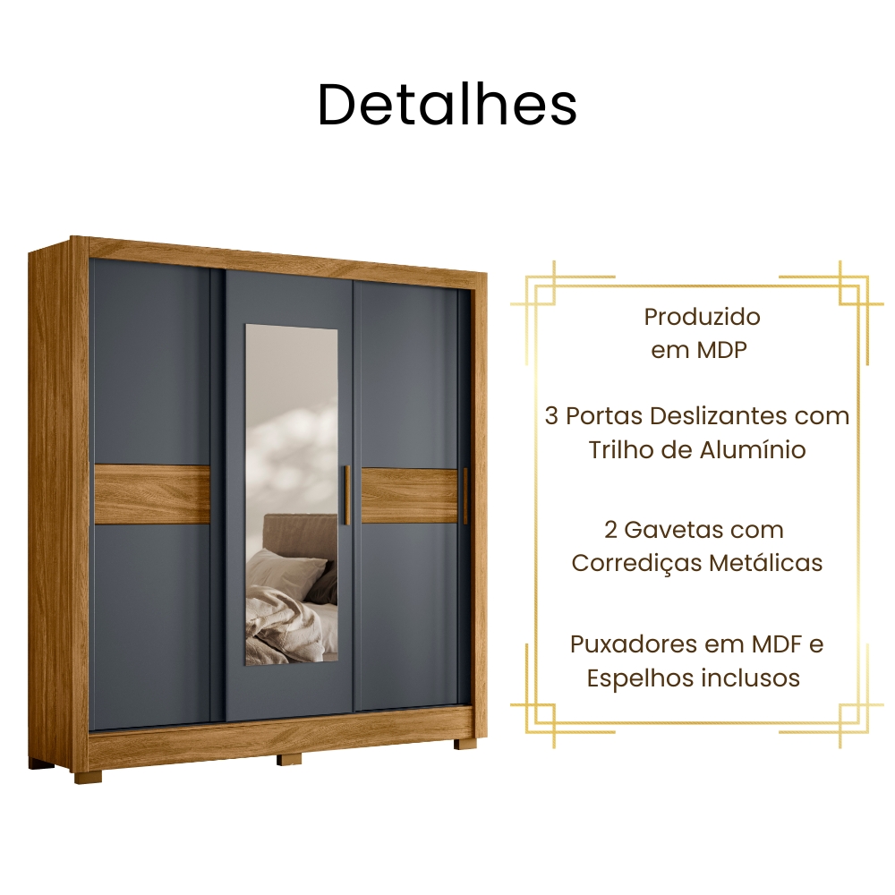 Guarda Roupa Casal Bahamas Espelho 3 Portas De Correr Freijó Cinza Moval